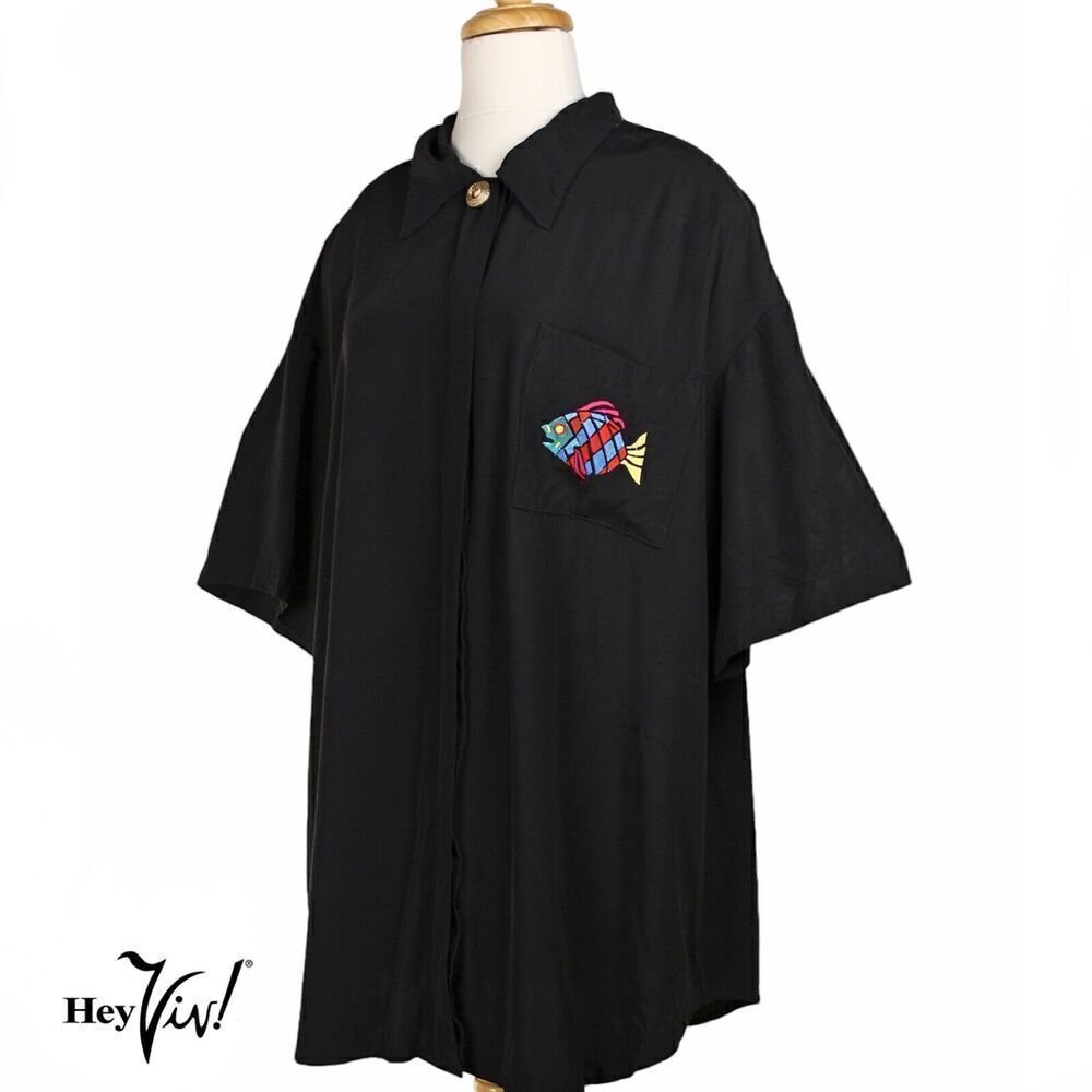 Vintage Pride & Joys Shirt Black Rayon Embroidery Plus Size 24 B54 W54 - Hey Viv